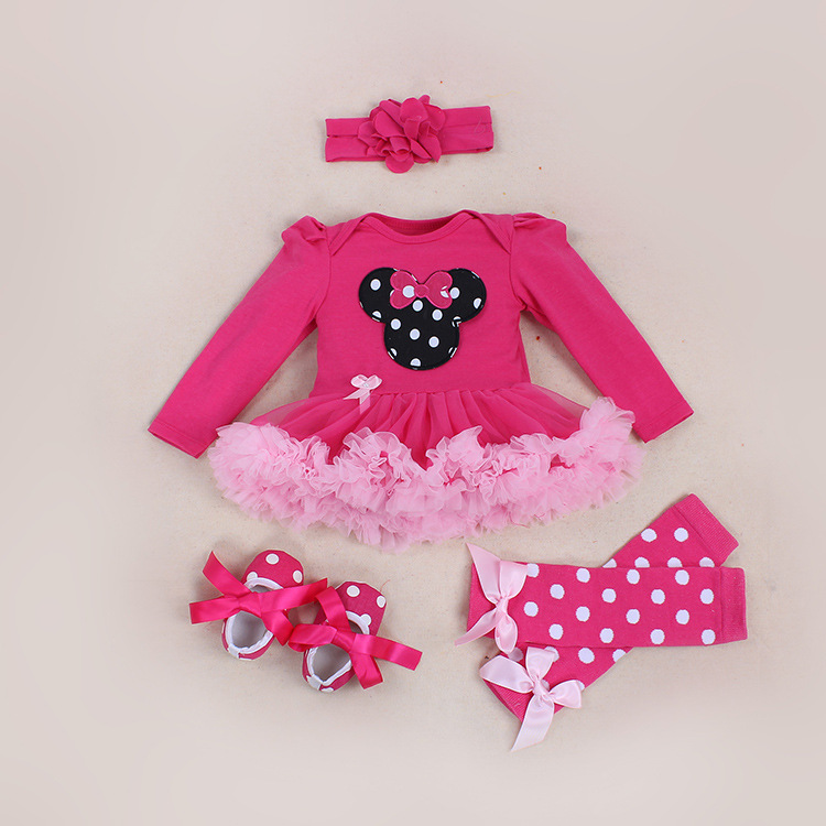 Picture of Cross-border foreign trade baby long-sleeved one-piece dress baby pink yarn dress socks suit girls' holiday children's dress 4-piece set