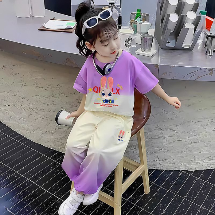 Picture of [Hot-Selling Children's Clothing] Girls Internet Celebrity Fashionable Thin Short-Sleeved Suit New Baby Girl Gradient Color Pants Two Pieces