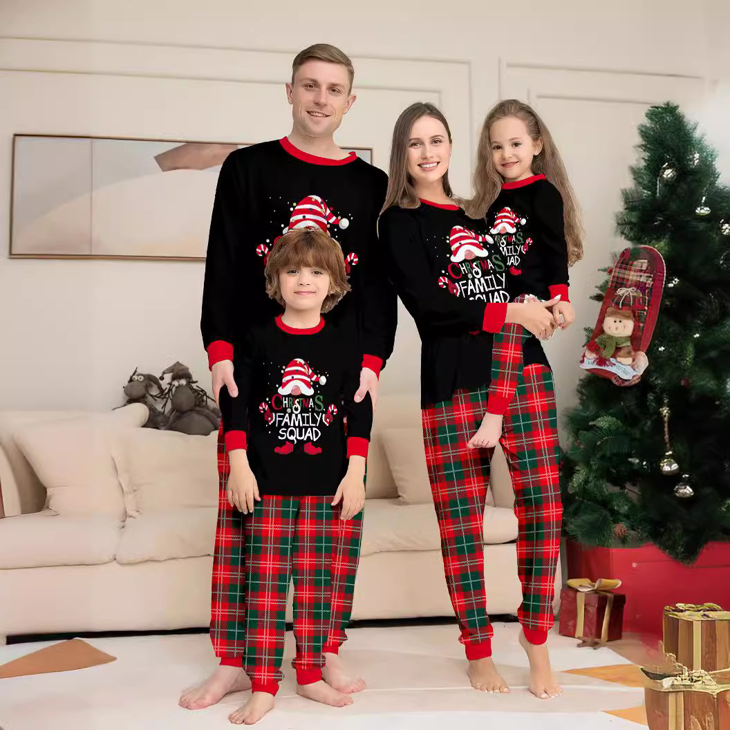 Picture of Cross-Border Christmas Cake Hat with Letters, New Plaid Long-Sleeved Two-Piece Home Clothes, Printed Round Neck, Family Parent-Child Clothes