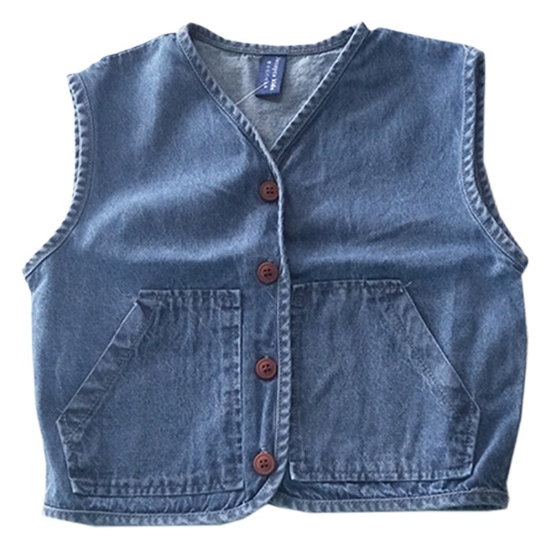Korean-style Instagram Popular Small and Medium-sized Children's Wear Spring and Autumn Pocket Crewneck Loose Vest Casual Denim Vest 2024