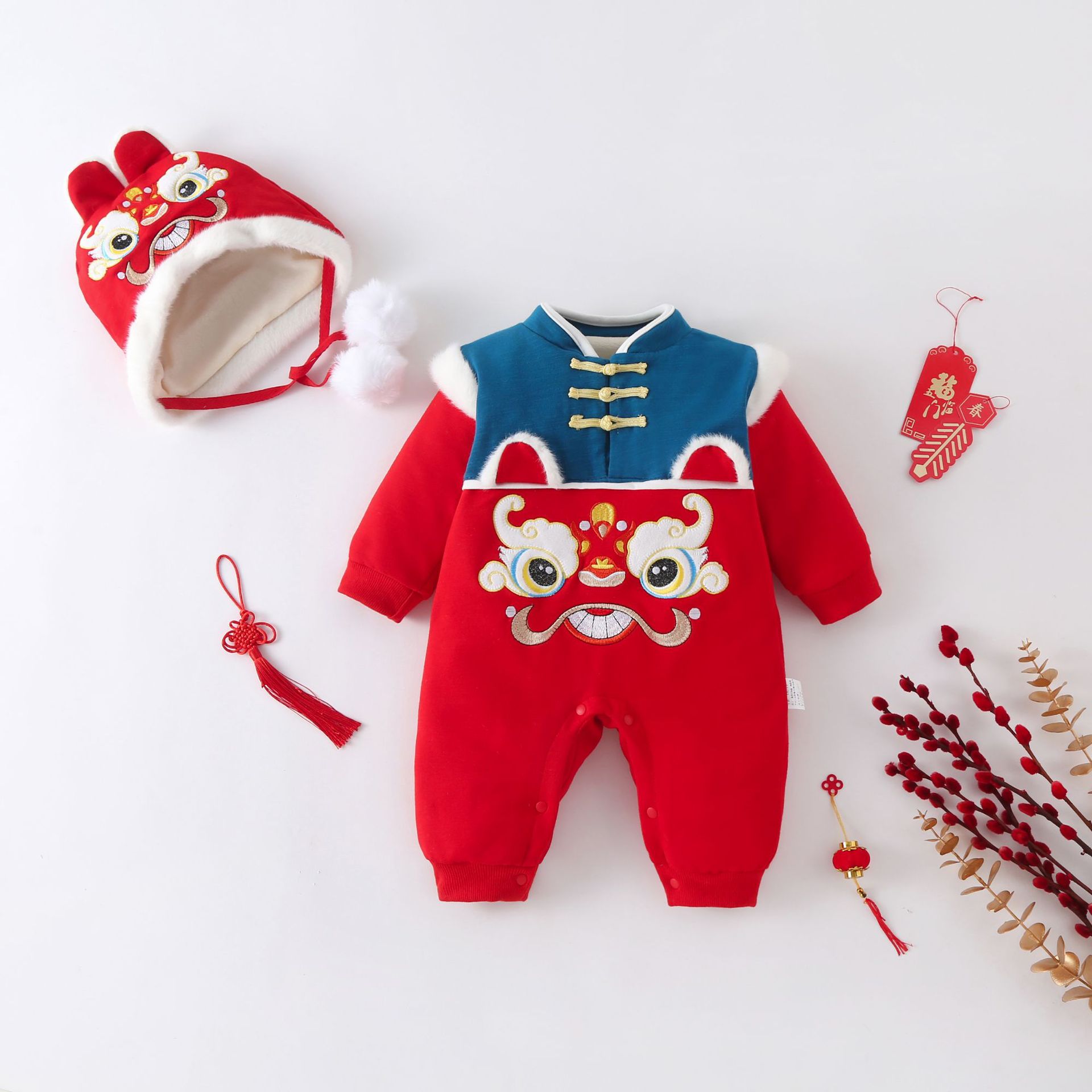 Chinese Style Winter Clothes Baby's Harper New Year's Climbing Clothes Double-Layer fleece-lined Thickened Year of the Tiger Sweatshirt for Boys and Girls