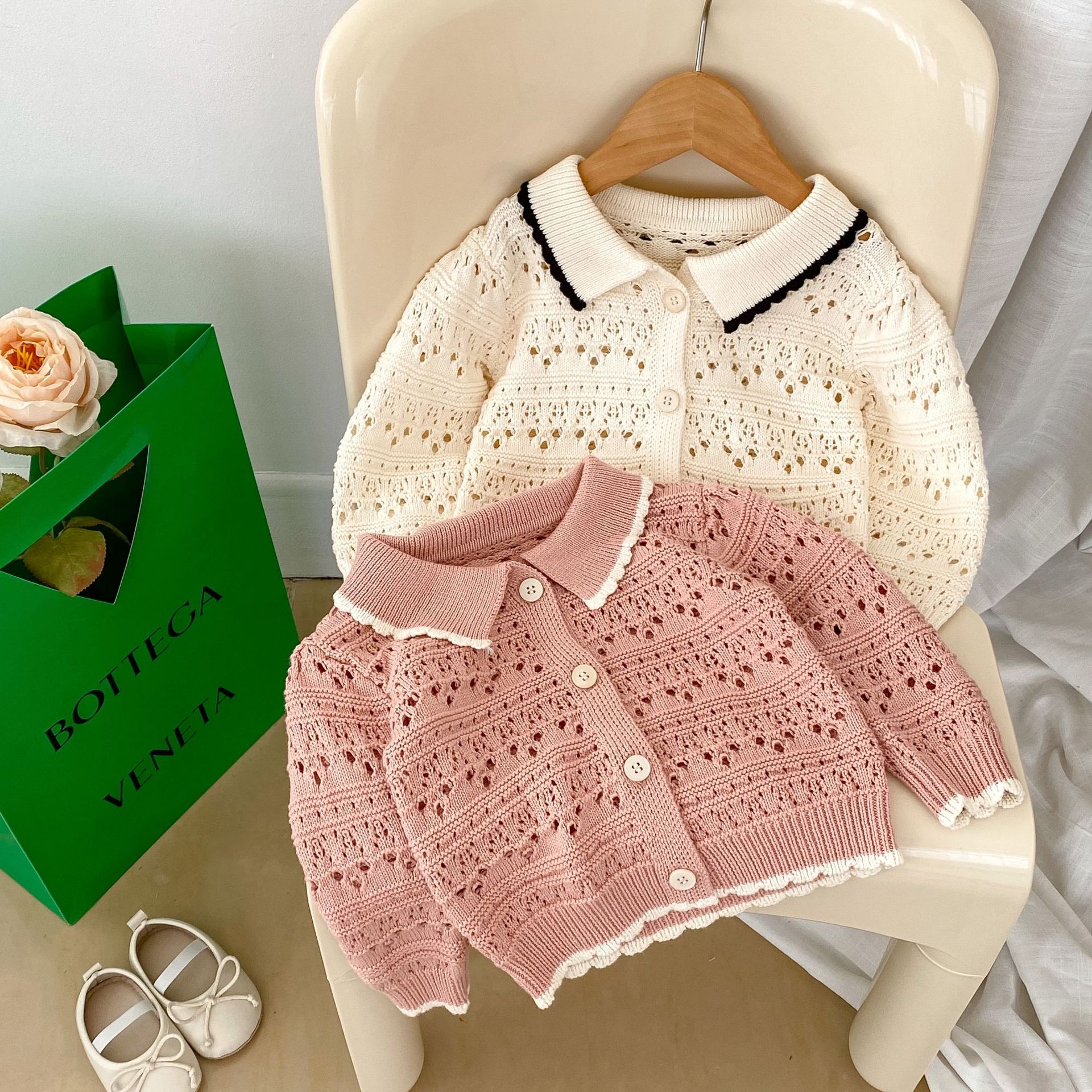 Picture of 2024 Spring Girls Baby Style Long Sleeve Cardigan Infant and Toddler Small Fragrance Lapel Knitted Hollow Sweater Jacket