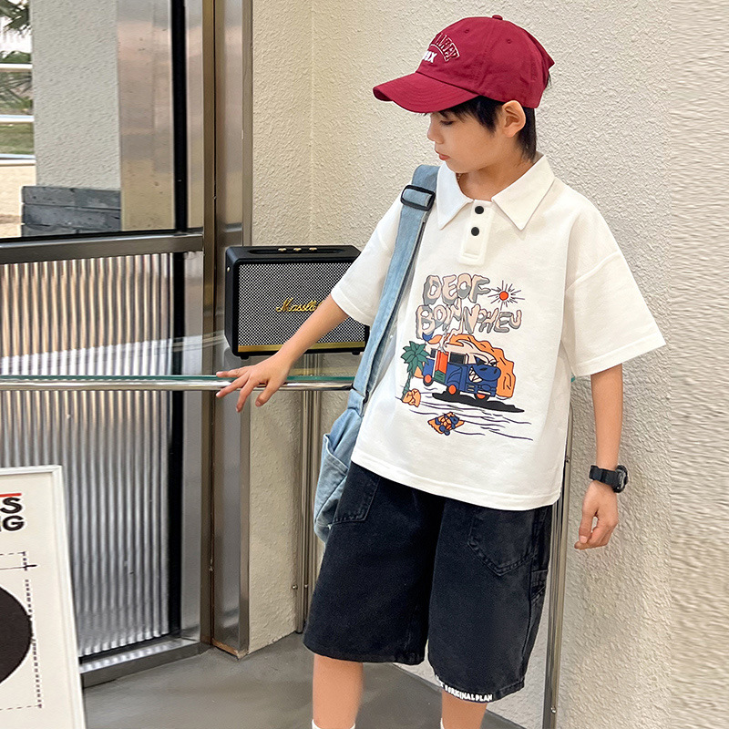 100% boys' polo shirt monster RV T-shirt 2023 new medium and large Children primary and secondary school boys trendy cool