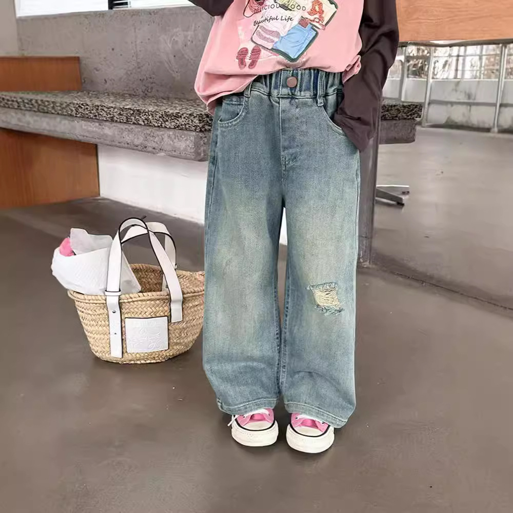 Girls Korean Fashionable Ripped Jeans 2025 Spring & Fall New Baby Pants Kidsren's Retro Distressed Straight Pants
