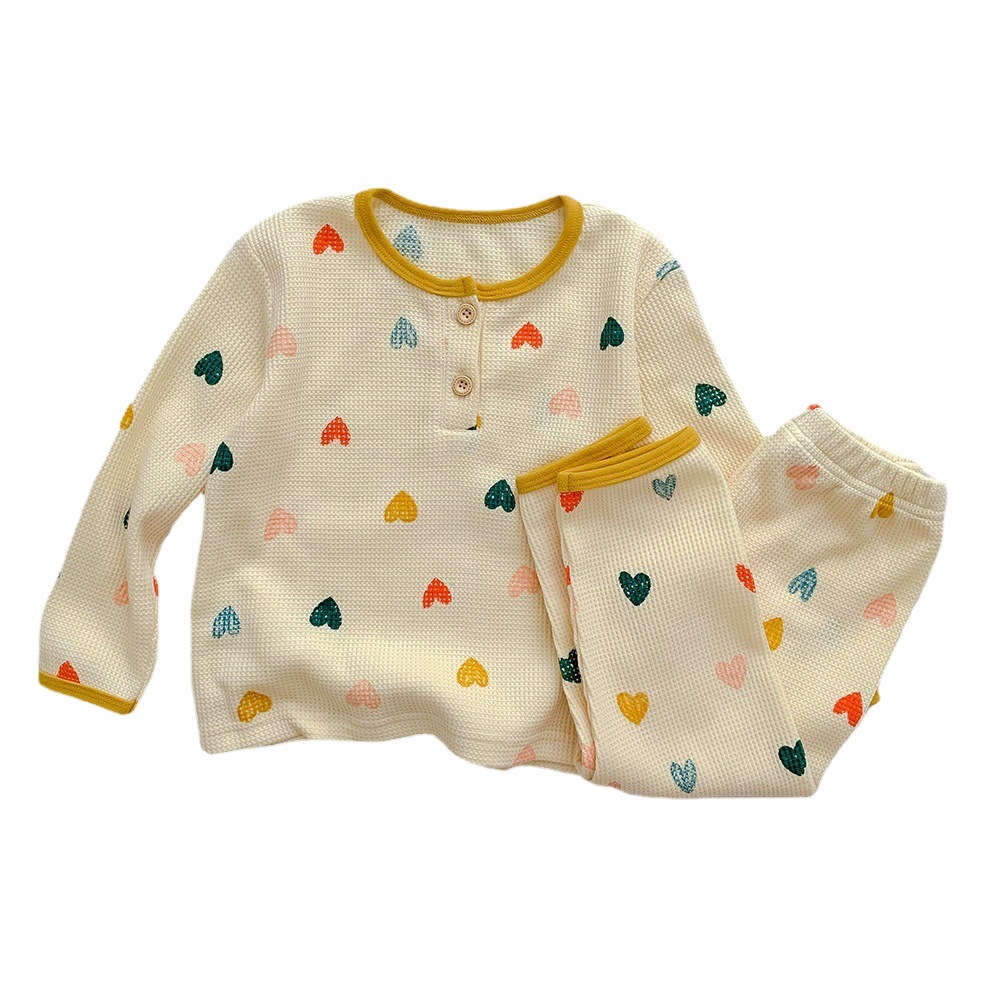 Children's Pajamas Girls' Home Clothes Boys' Cartoon Pure Cotton Waffle Suit Korean peekaboo Sleepsuit