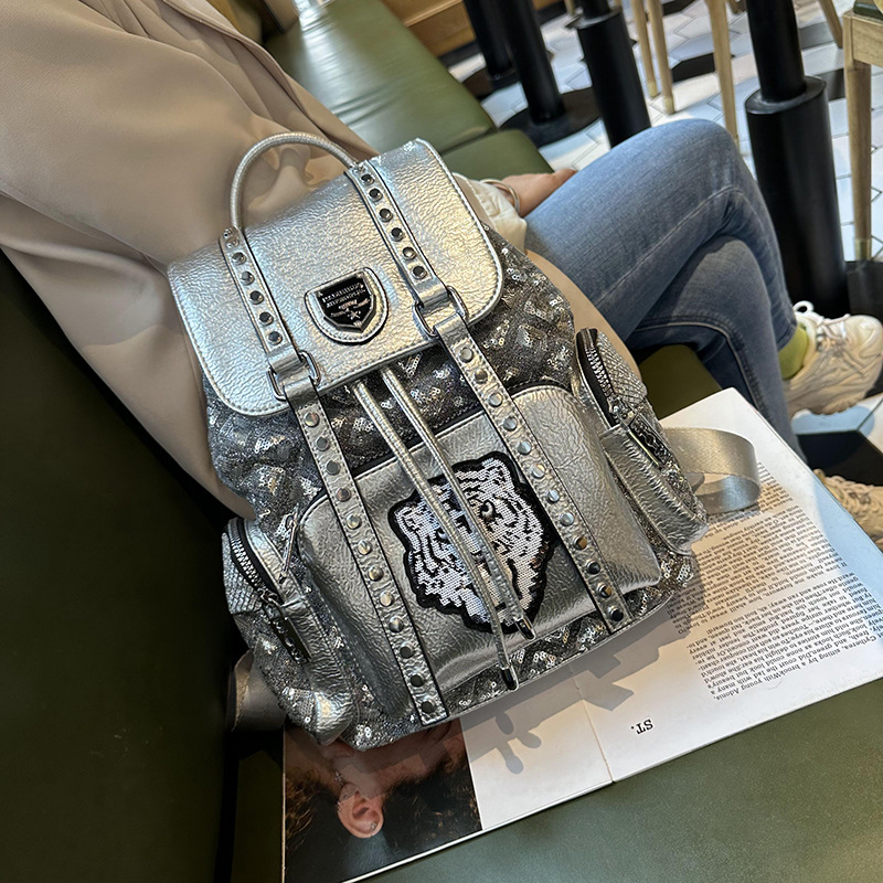 Picture of Sequin Backpack Women's 2025 New Trendy Personalized Easiest for Match Backpack British Style Drawstring Soft Leather Internet Celebrity Travel Bag