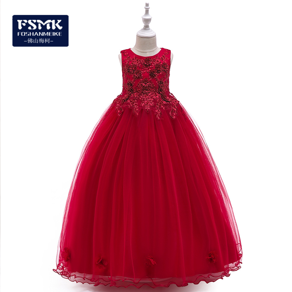 Cross-border New Children's Long Dress Flower Beaded Long Dress Girls' Catwalk Performance Puffy Princess Dress