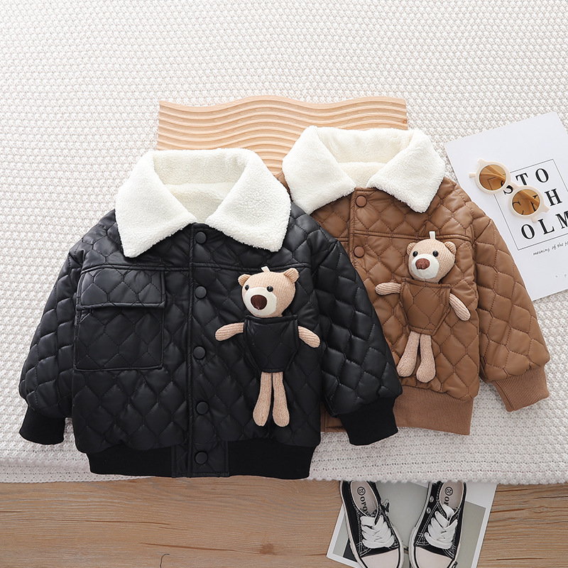 Picture of Children's Leather Cotton-padded Coat Winter 2023 New Boys Korean Style Lapel fleece-lined Thickened Cartoon Cotton-padded Coat Trendy
