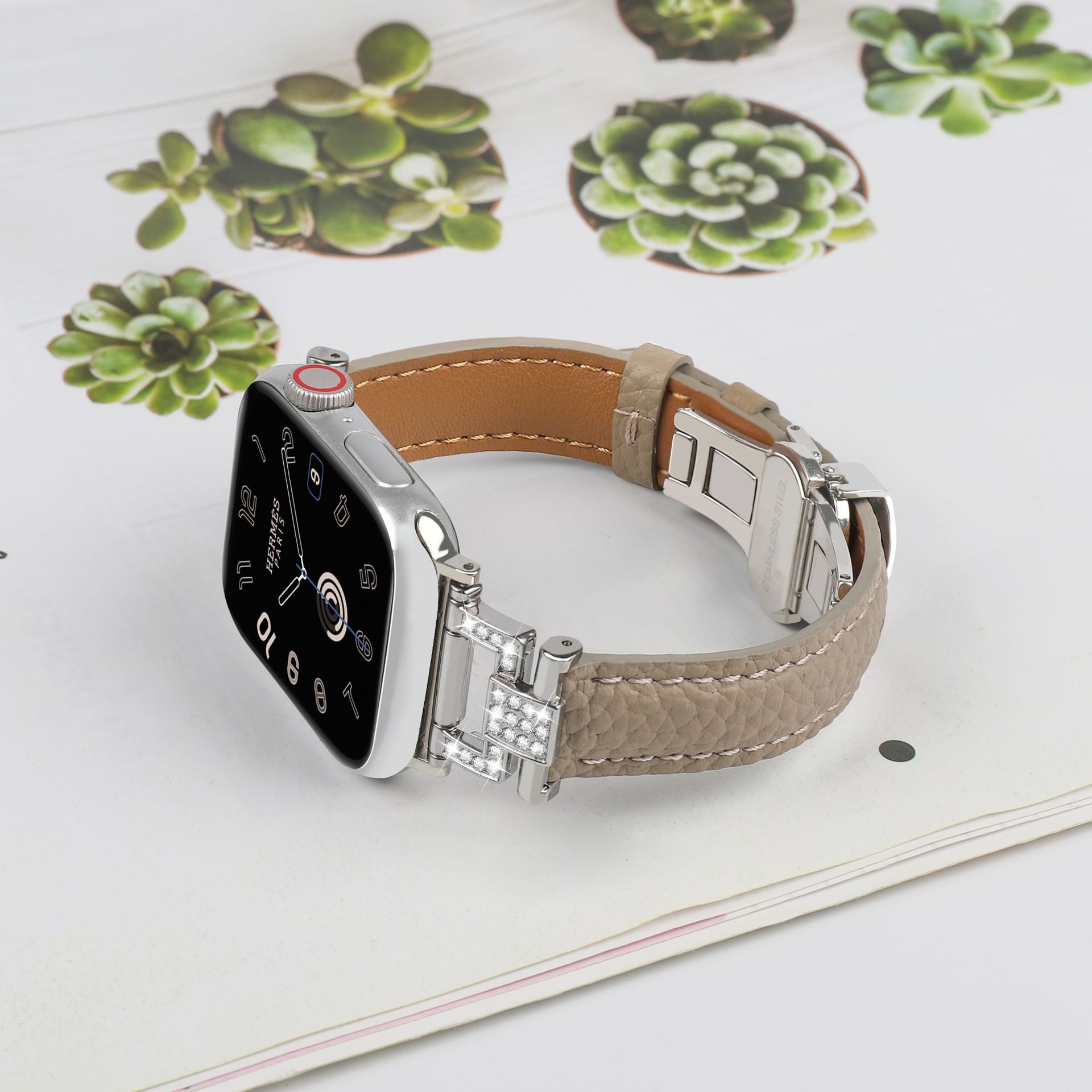 Picture of Suitable for Apple Watch strap Y head appleiwatch98 small waist lychee pattern leather butterfly buckle strap