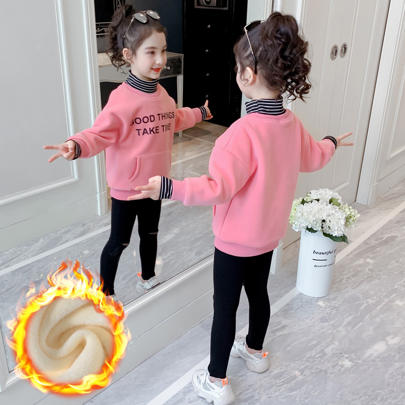 Girls Sweatshirt Winter Velvet Thickeneding 2025 New Kidsren's Autumn and Winter Warm Top Foreign Style Turtleneck Bottoming Shirt