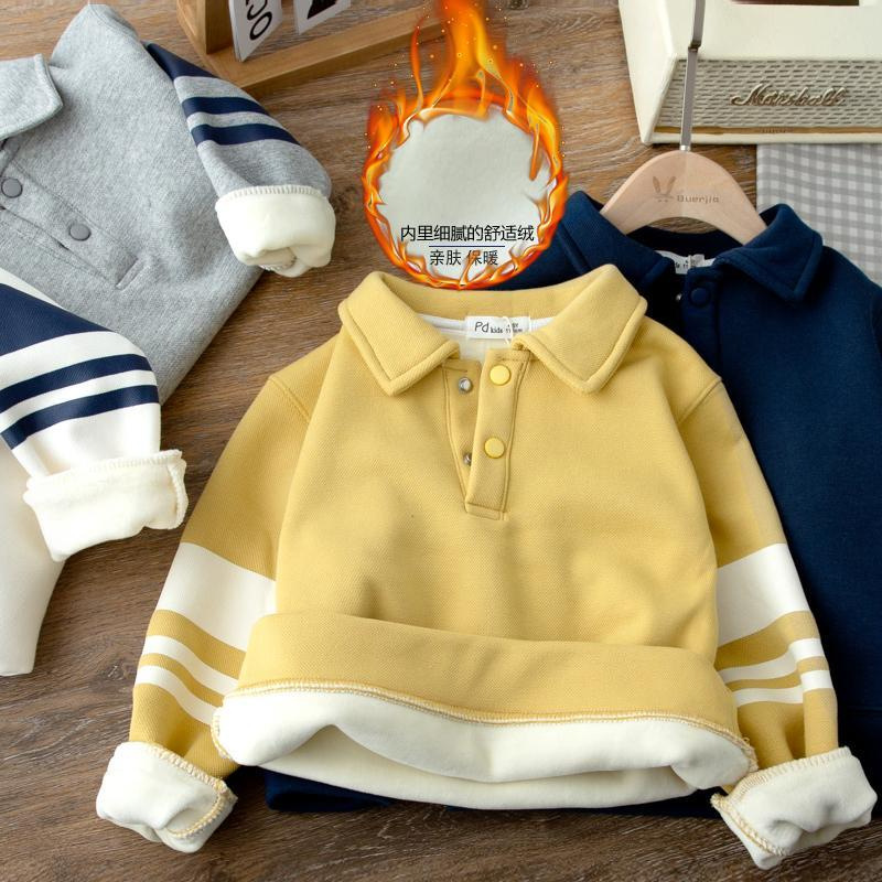 Boys' polo shirt 2023 new children's Korean version of autumn and winter fleece-lined lapel children's warm bottoming shirt tide