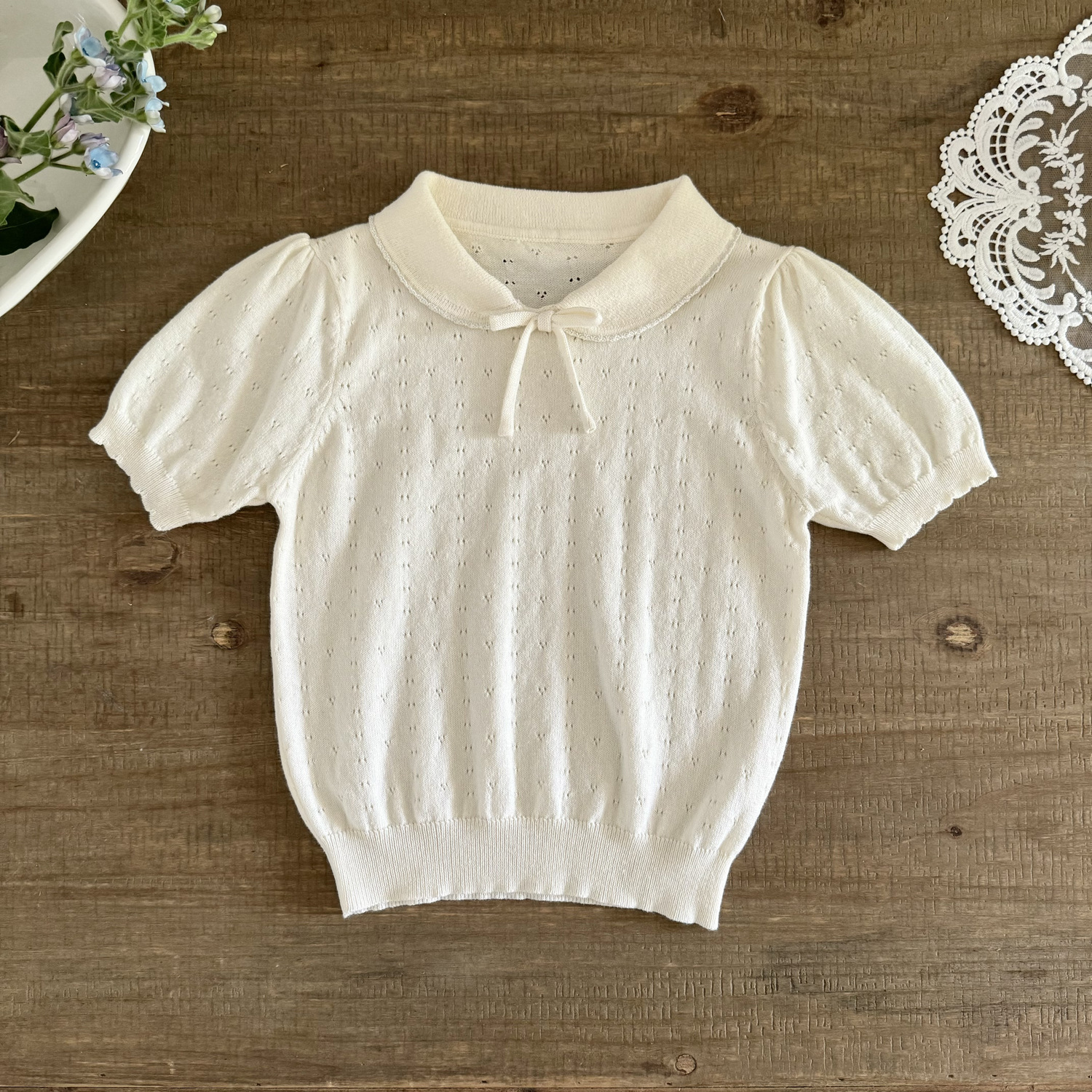 Picture of Japanese Children's Wear Girls Short-sleeved Sweater with Laps Cute Bow Short-sleeved T-shirt Ins Women's Short-sleeved Top