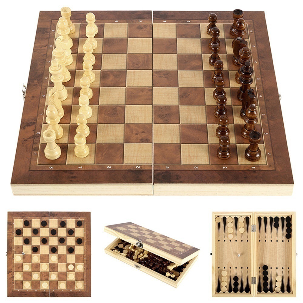 Picture of 3 in 1 wooden foldable chess natural wood lacquer game chess multi-function black and white chess Chess