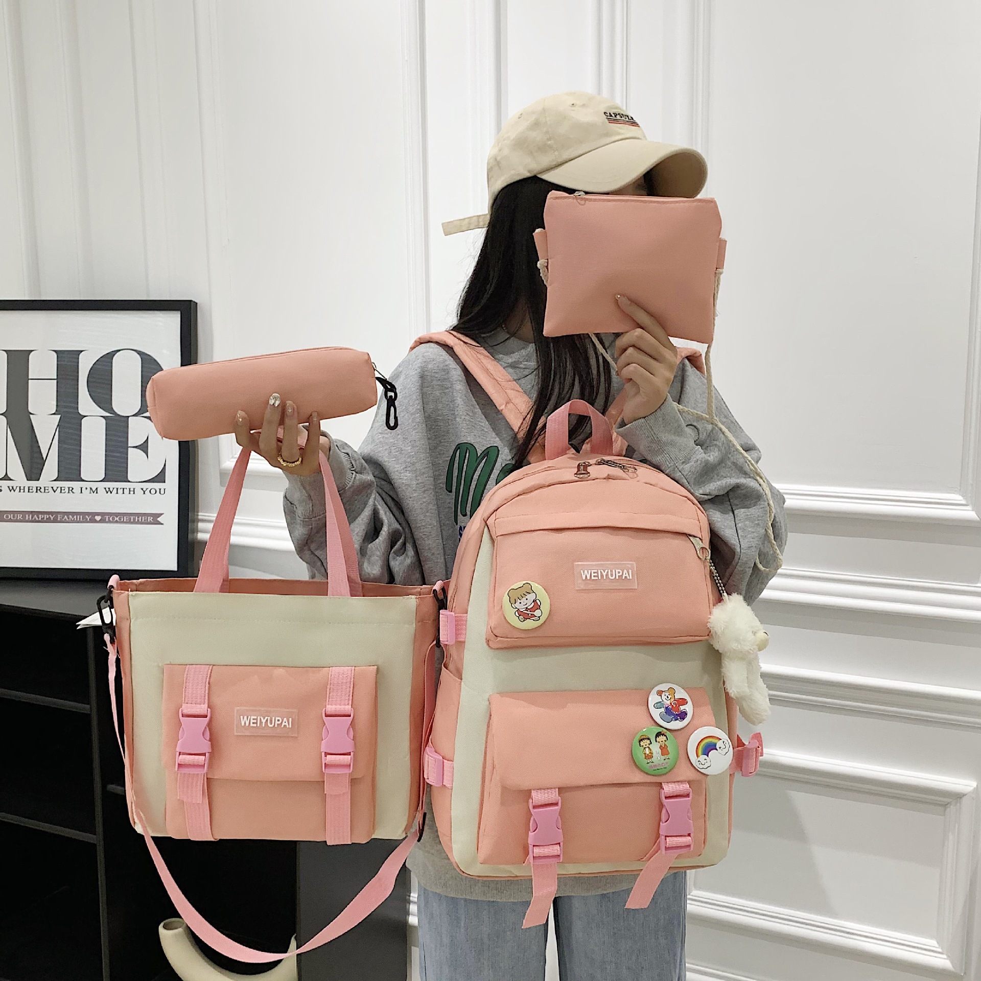 Picture of Weiyu Pie Hot Selling Canvas Student Backpack Korean Style Fashion Harajuku Junior High School Campus School Bag Four-Piece Backpack