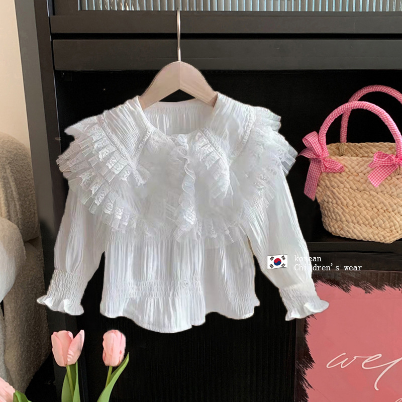 Picture of Girls' Shirt Children's Spring and Autumn Clothes Korean Style Western Style White Lace Shirt with Large Lapel for Baby Long Sleeve Top