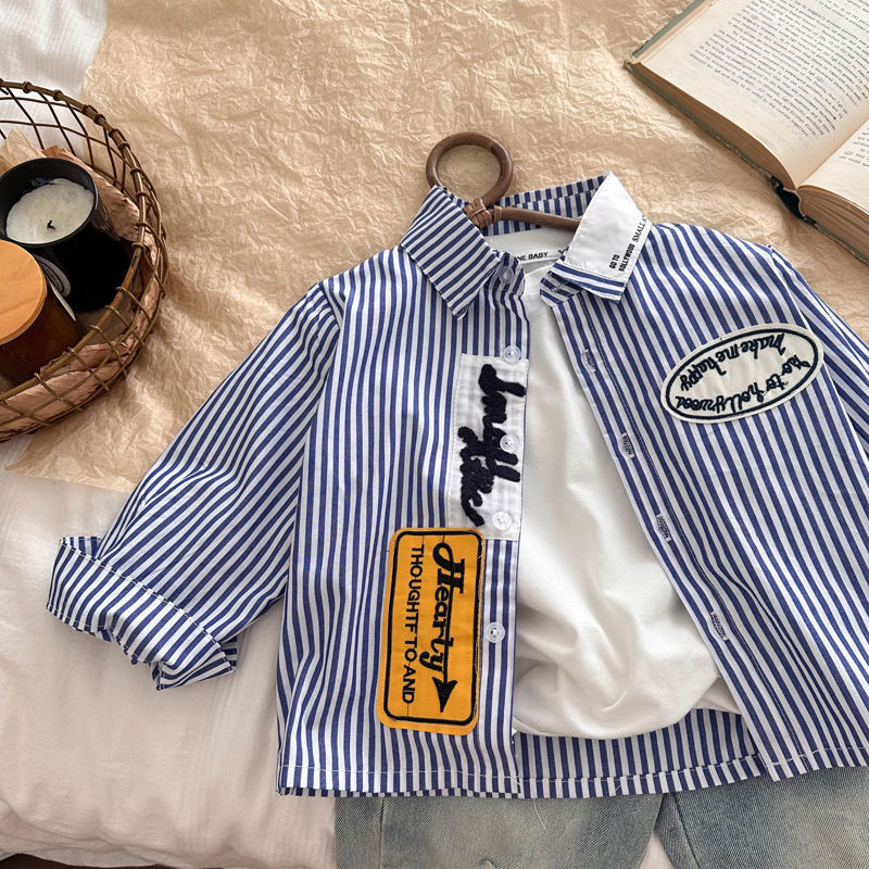 Picture of Boys Korean Style Shirt 2024 Autumn New Blue and White Striped Long Sleeve Top Baby Lapel Shirt Fried Street Thin Korean Style