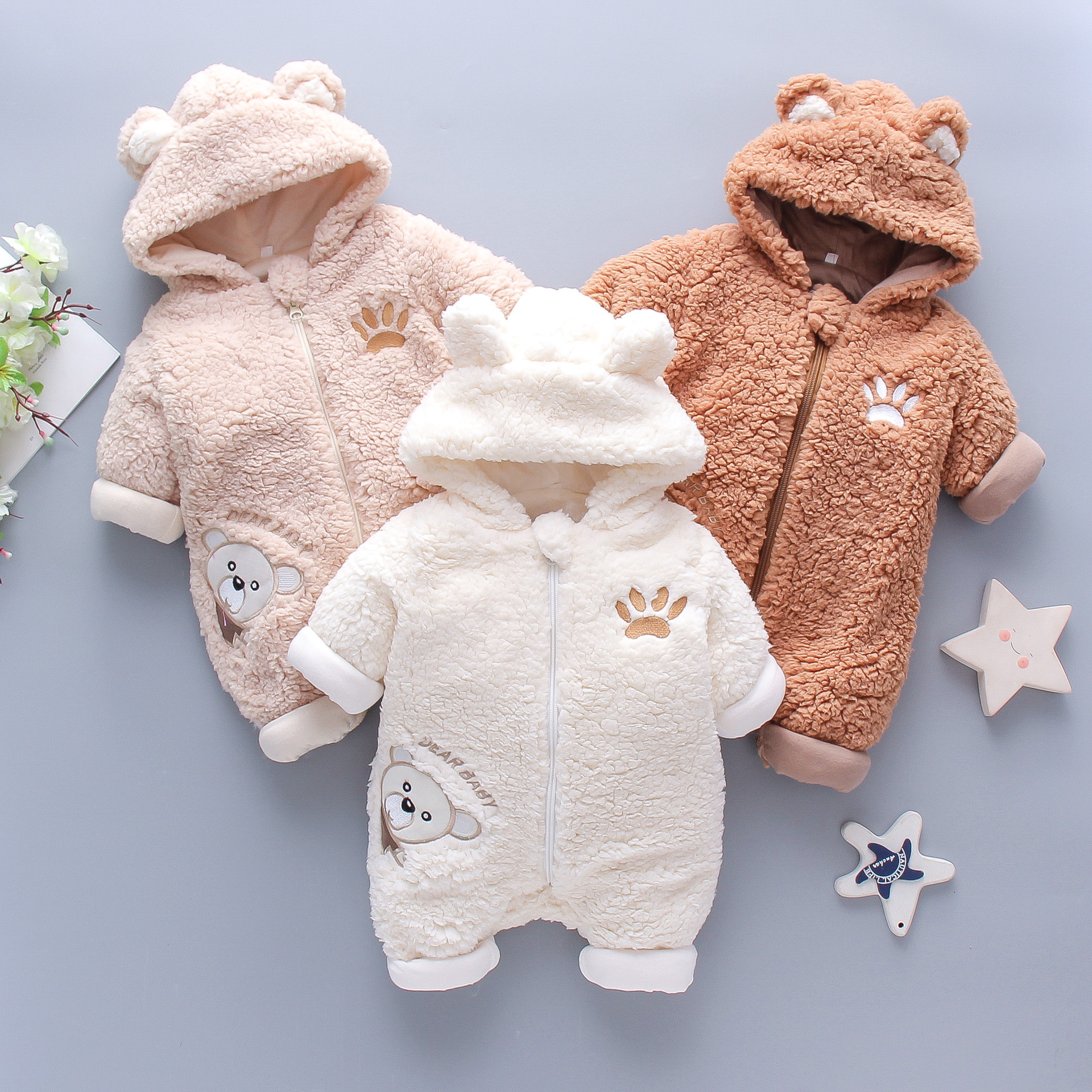 Picture of Baby Jumpsuit winter 2020 children's clothing New lamb fur cartoon bear embroidered thickened hooded romper
