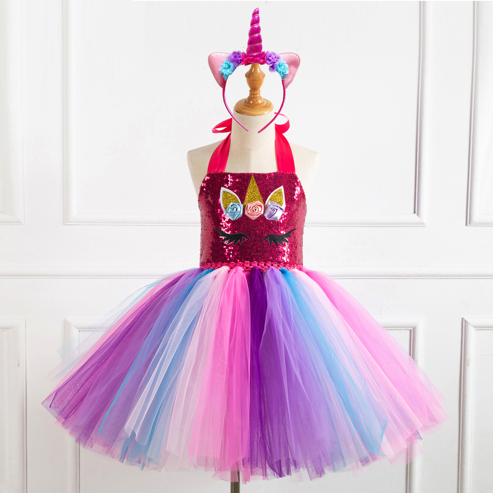 Picture of European and American Children's Clothing Sequin Mesh Handmade Girl's Dress Children's Performance Dress Princess Dress One-Corner Headwear