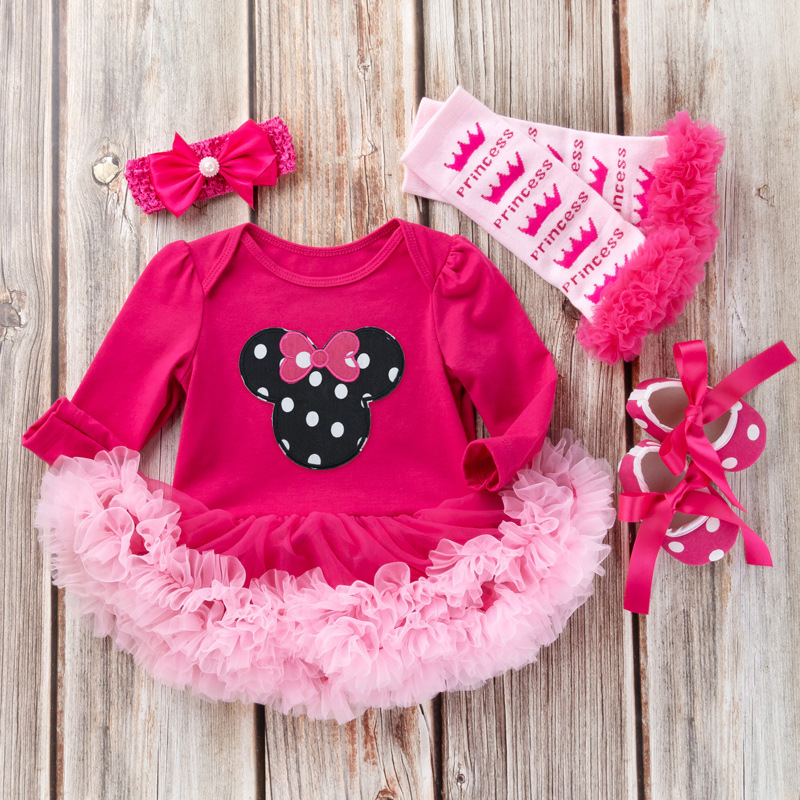 Picture of Cross-border foreign trade baby long-sleeved one-piece dress baby pink yarn dress socks suit girls' holiday children's dress 4-piece set