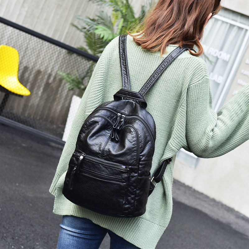 Cross-border Women's Backpack New European and American Retro Washed Soft Leather Middle-aged Fashion Backpack Large Capacity Schoolbag