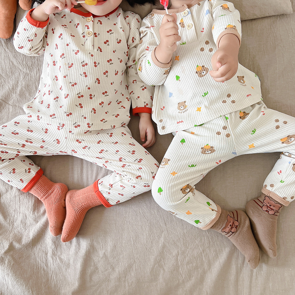Picture of Children's Pajamas Girls' Home Clothes Boys' Cartoon Pure Cotton Waffle Suit Korean peekaboo Sleepsuit