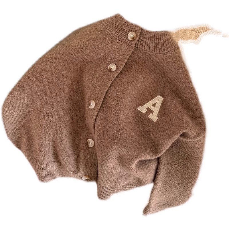 Picture of Trendy children's sweater 2023 spring new boys and girls round neck solid color letter wool cardigan baby casual coat