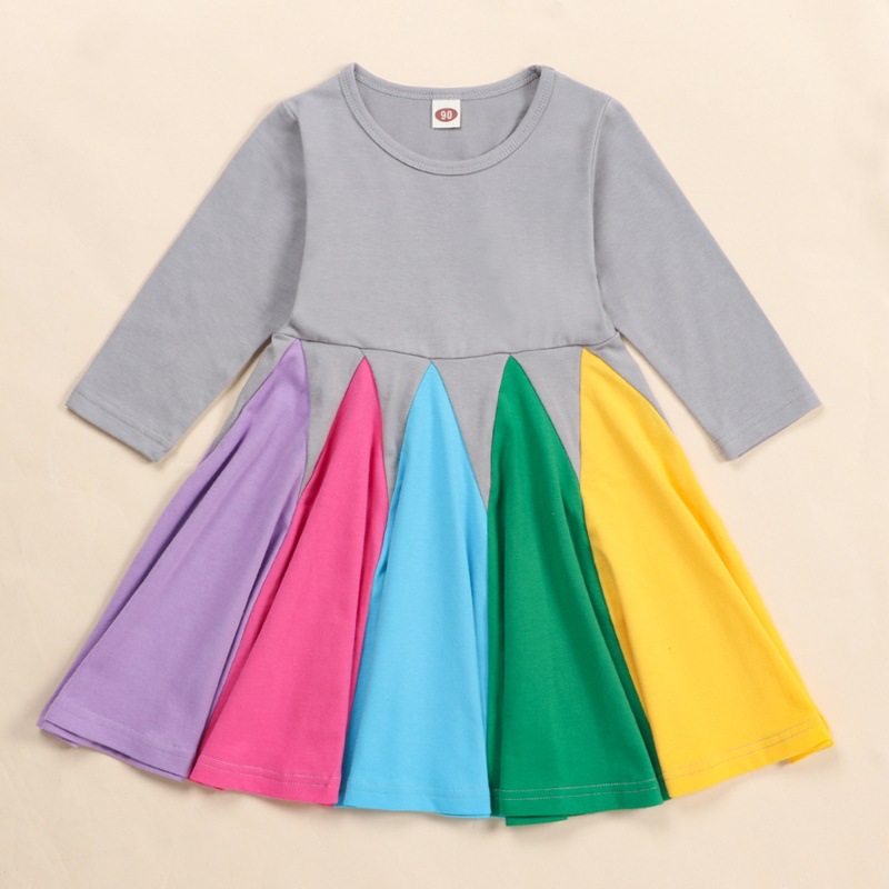 Picture of Girls' Dress New Style Color Matching Children's Long-Sleeved Rainbow Princess Dress