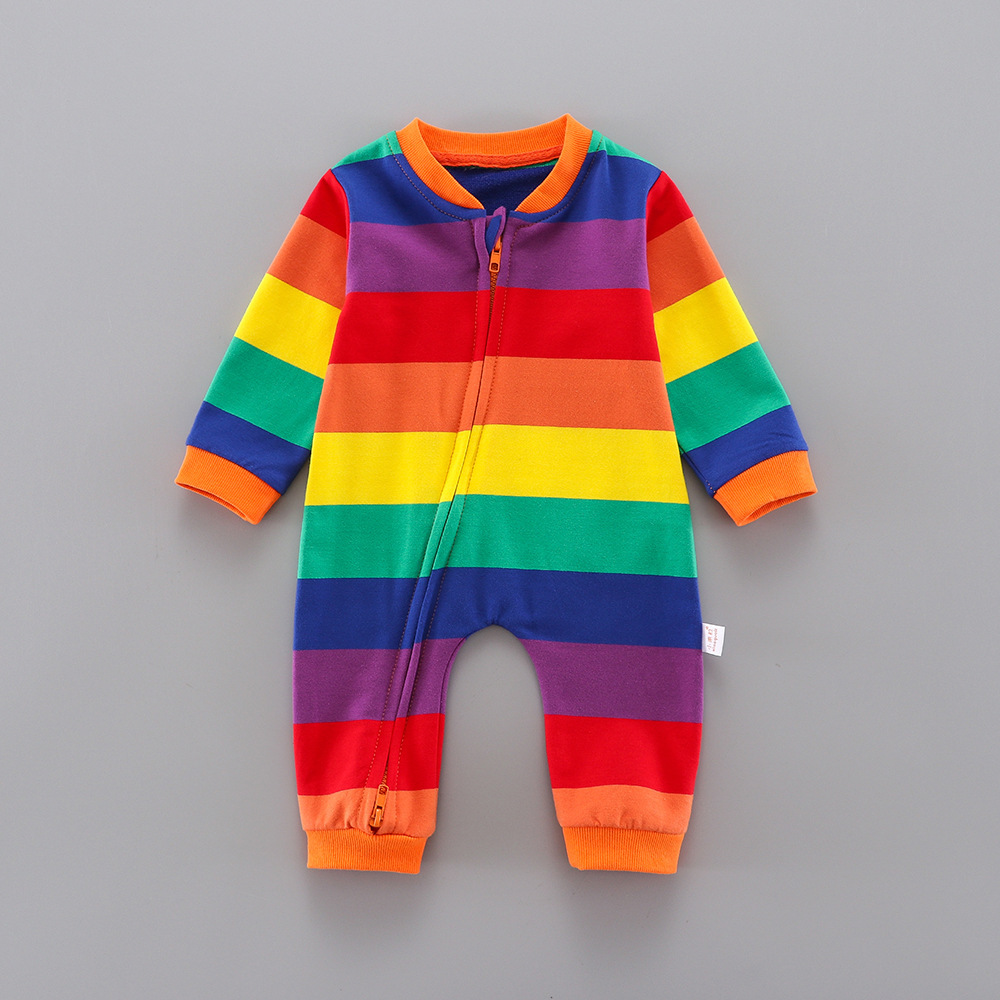 Picture of Infant Jumpsuit Spring & Fall Threaded Collar Long-Sleeved Stripesd Rainbow Zipper Shirt Outwear Baby Jumpsuit 0-1