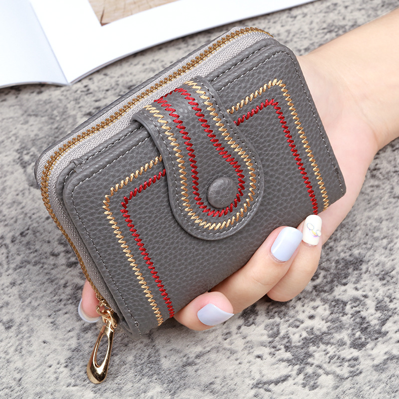 Picture of New Korean Women's Short Bag Zipper Buckle Wallet Lychee Embroidered Solid Color Coin Purse ID Card Bag