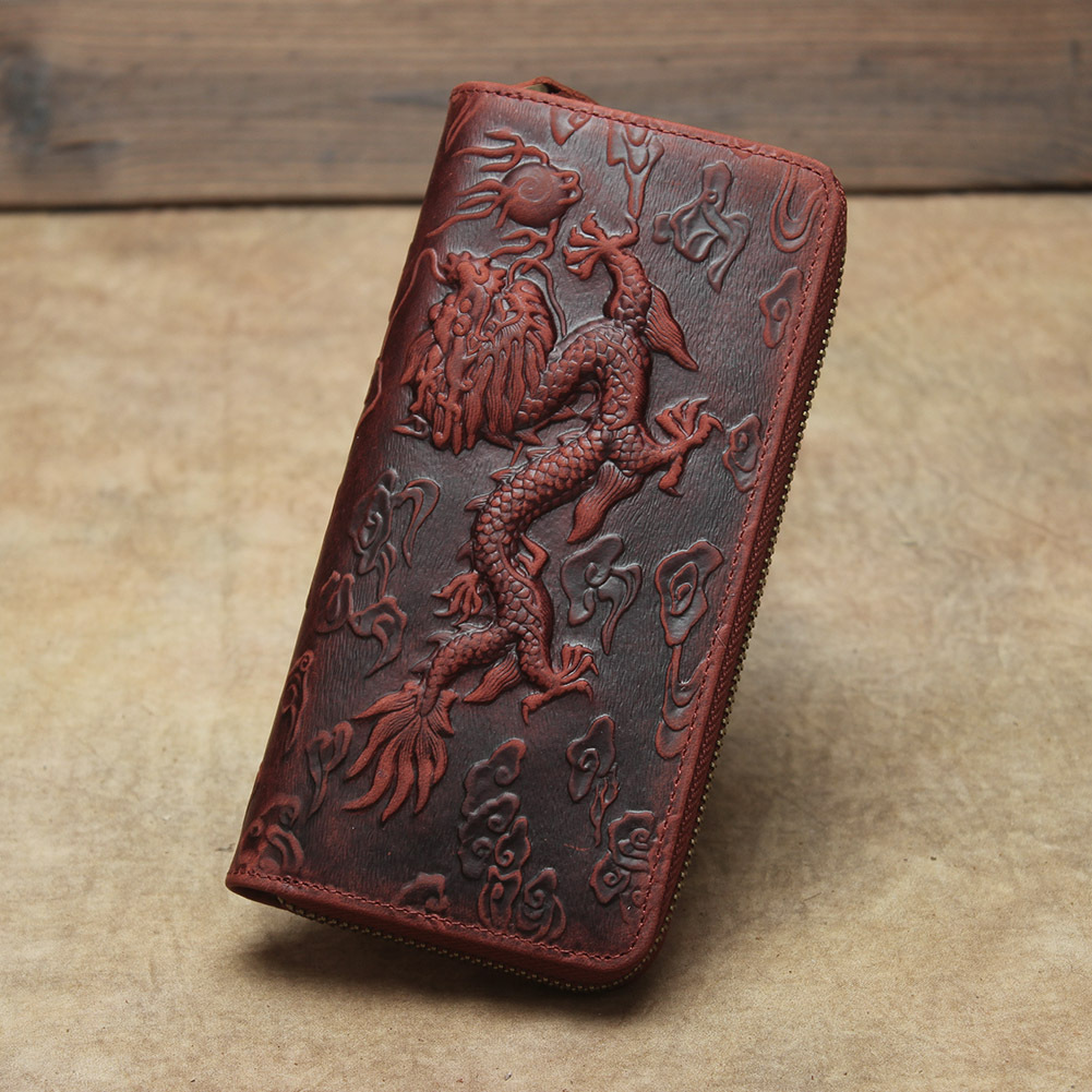 Picture of Shi Cangxin Vintage Crazy Horse Leather Dragon Pattern Wallet Embossed Genuine Leather Clutch Embossed Tiger Pattern Chain Card Bag