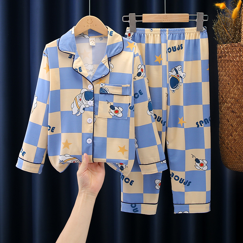 Children's boys' Spring and Autumn New lapel long-sleeved girls' pajamas suit loose thin big children's air conditioning clothes home wear