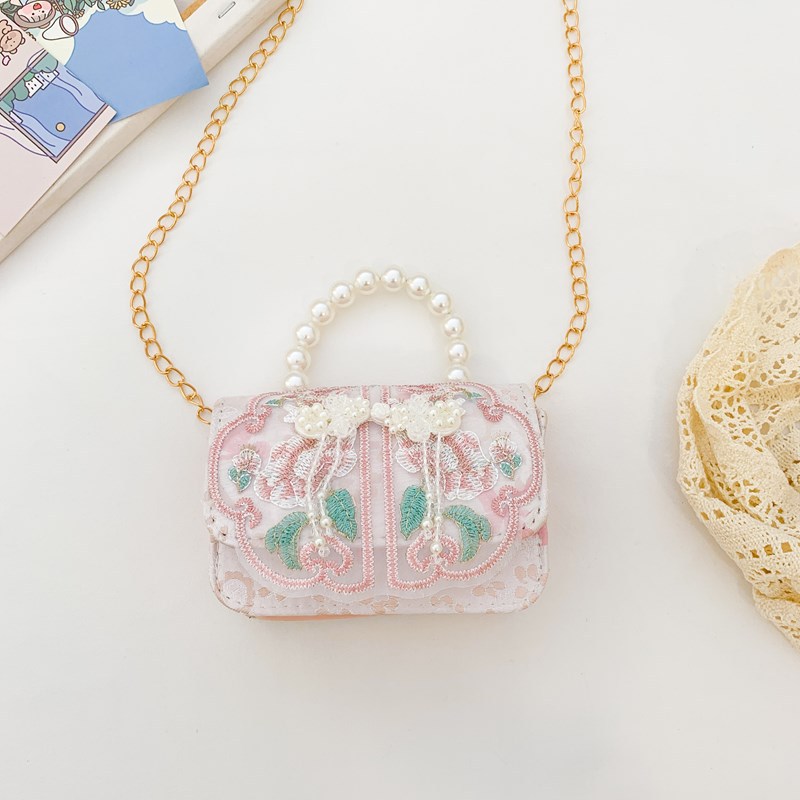 Picture of Ethnic Embroidered Children's Pearl Handbag Girl's Small Change Bag Fashion Cute Princess Chain Crossbody Bag