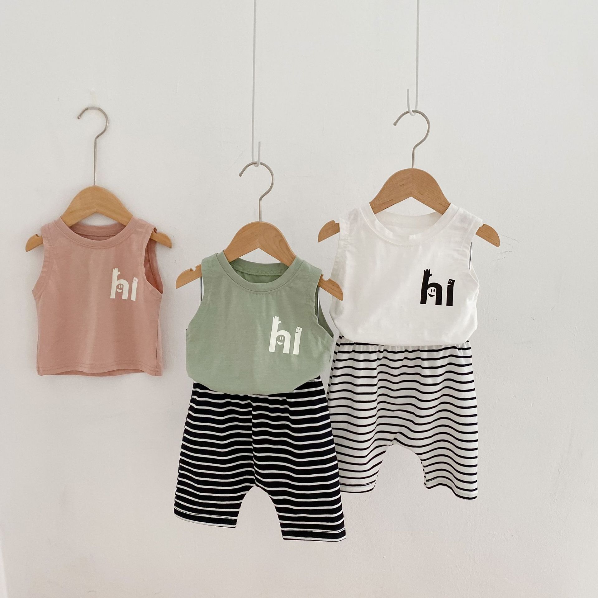Picture of Ins Children's Clothing 2025 Summer Style Baby Male and Female Baby 0-2 Years Old Hi Printed Vest + Stripesd Shorts Cotton Suit