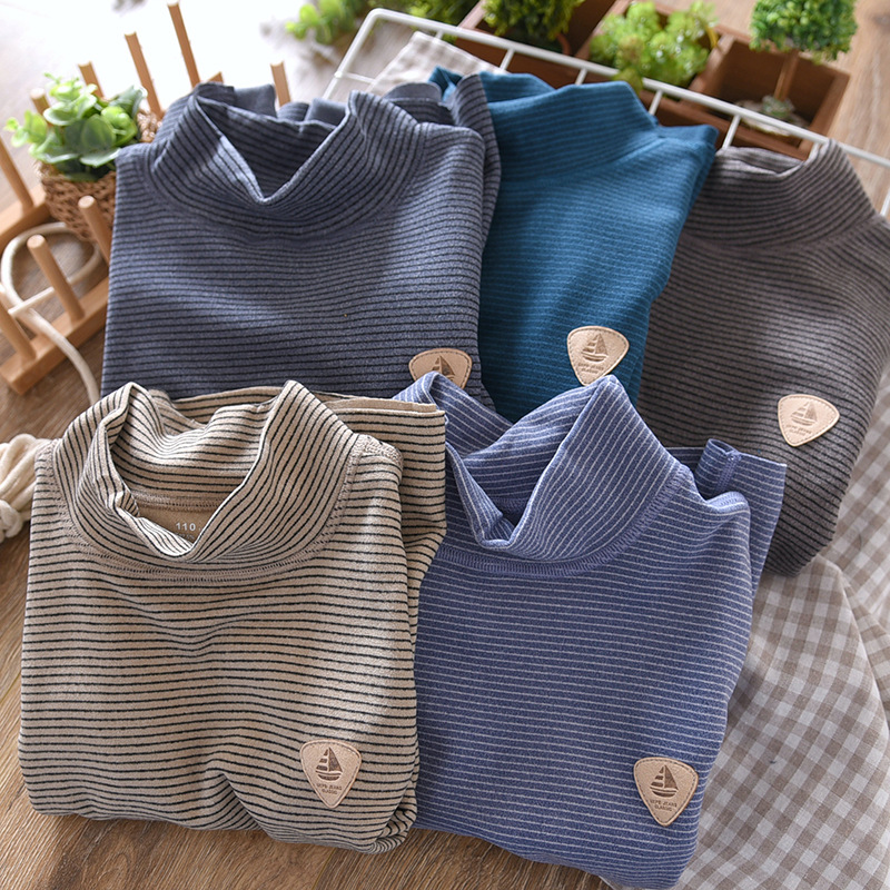 Boys' Long-sleeved T-shirt Autumn and Winter 2024 Mid-large Children's Half-high Neck Velvet Top Thickened fleece-lined Children's Base Shirt