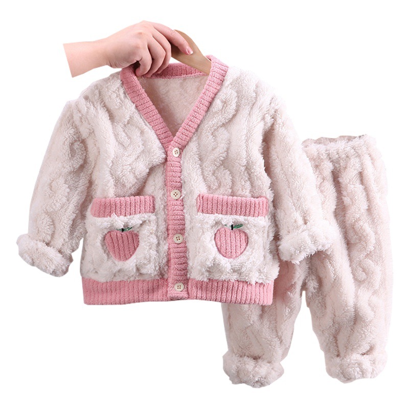 New children's coral fleece pajamas suit girls thick cardigan double flannel home clothes autumn and winter wholesale