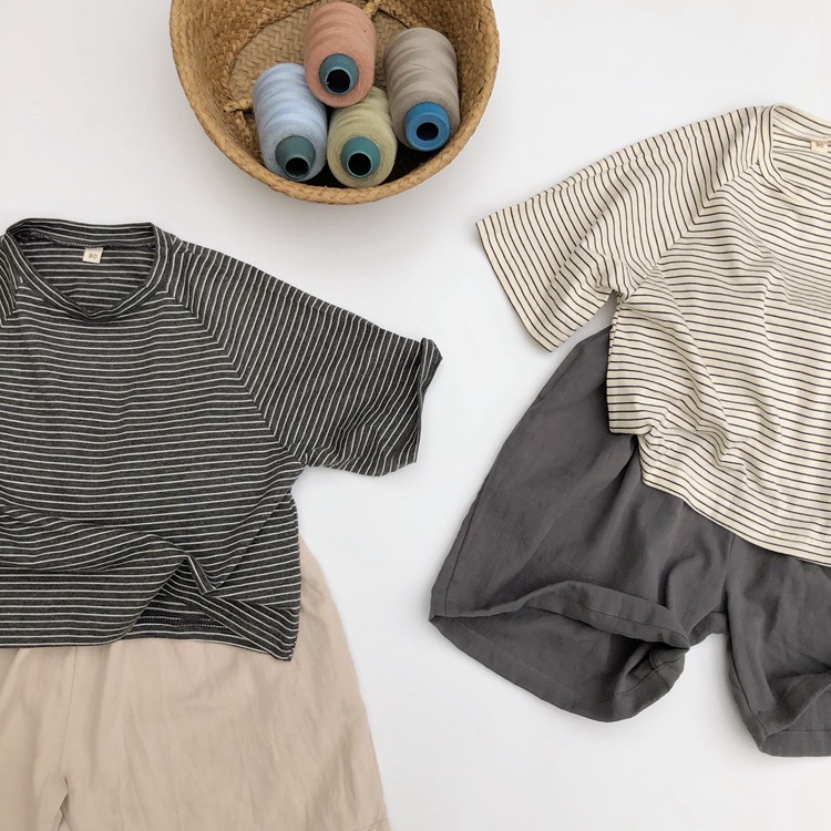 Picture of South Korea Children's Wear Summer Children's Korean-style Basic Striped T-shirt Short Sleeve Half Sleeve Thin Round Neck Middle Sleeve T for Boys and Girls