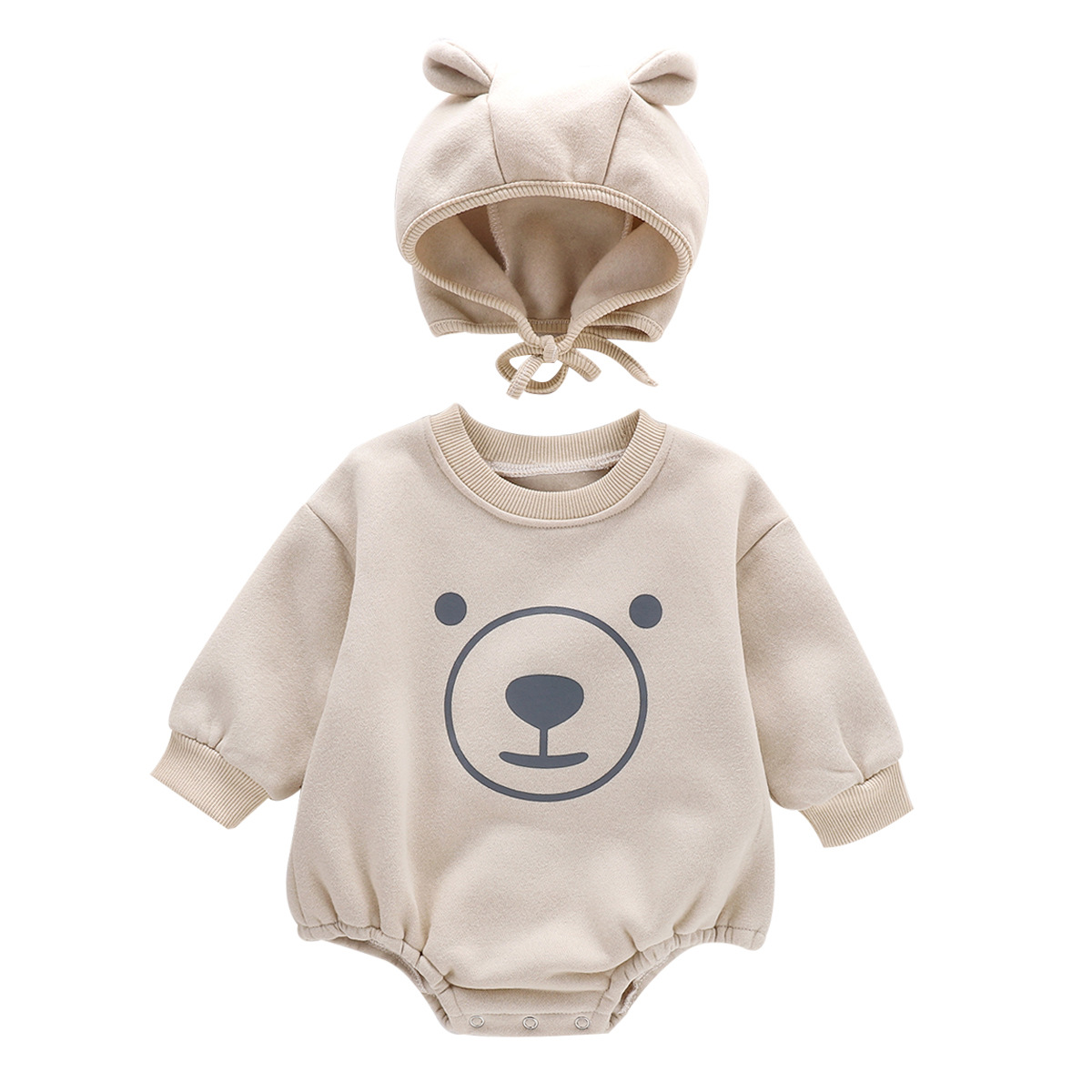 Picture of ins Children's Clothing Spring and Autumn One-piece Hattie Cute Printed Bear Long-sleeved Sweatshirt Bag Fart Clothes Baby Climbing Clothes Hat