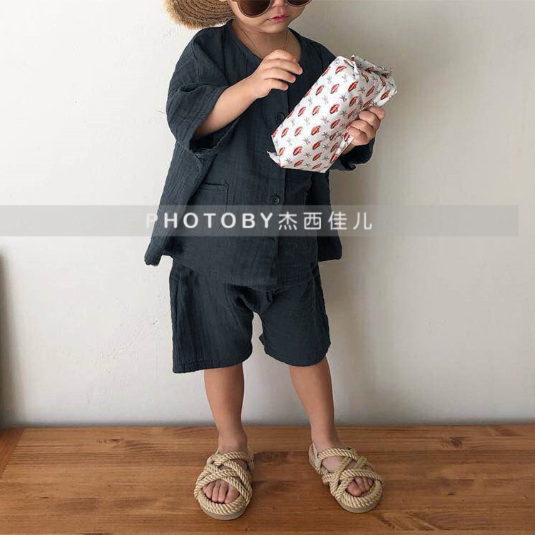 Picture of Children's Summer Korean Style New suit Vintage Mori Cotton Linen Wrinkle Single-breasted Loose Casual suit for Boys and Girls 2