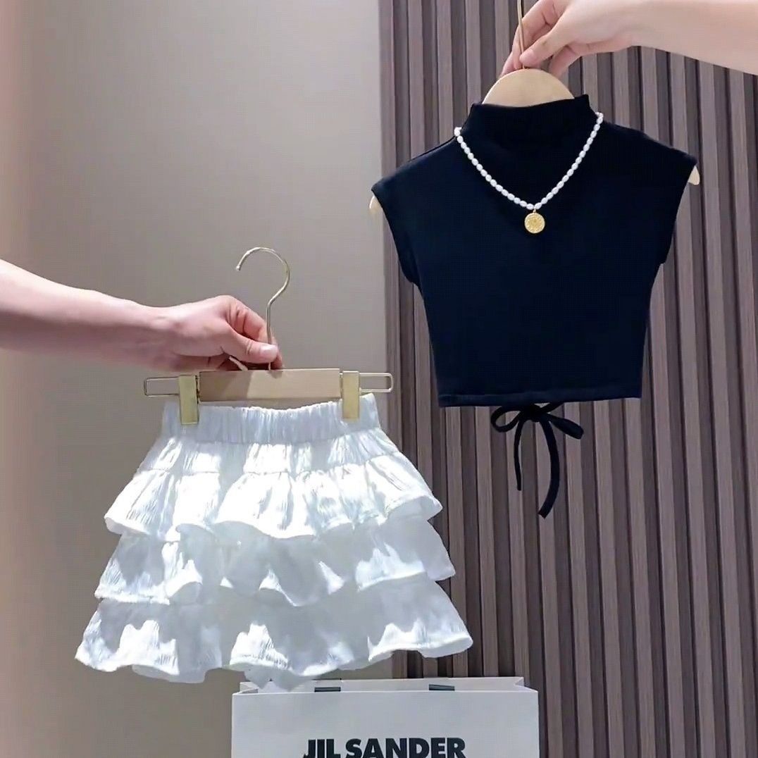 Girls Summer Suit 2025 New Kidsren's Short-Sleeved T-Shirt Pleated Skirt Two-Piece Set Baby Girl's Culottes Fashionable Summer Dress