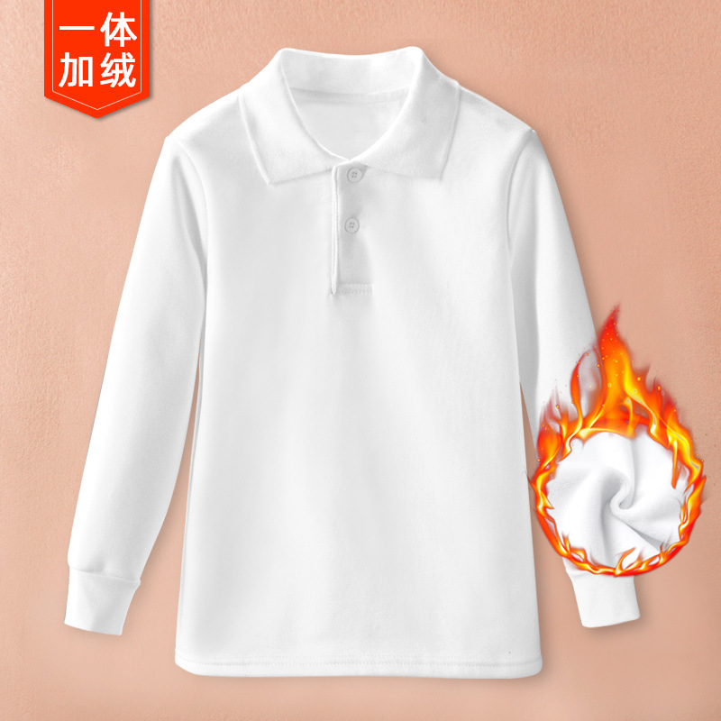 Children's White Polo Shirt Long Sleeve Lapel White T-shirt Winter Fleece-lined Thickened Warm T-shirt for Big Kids Students