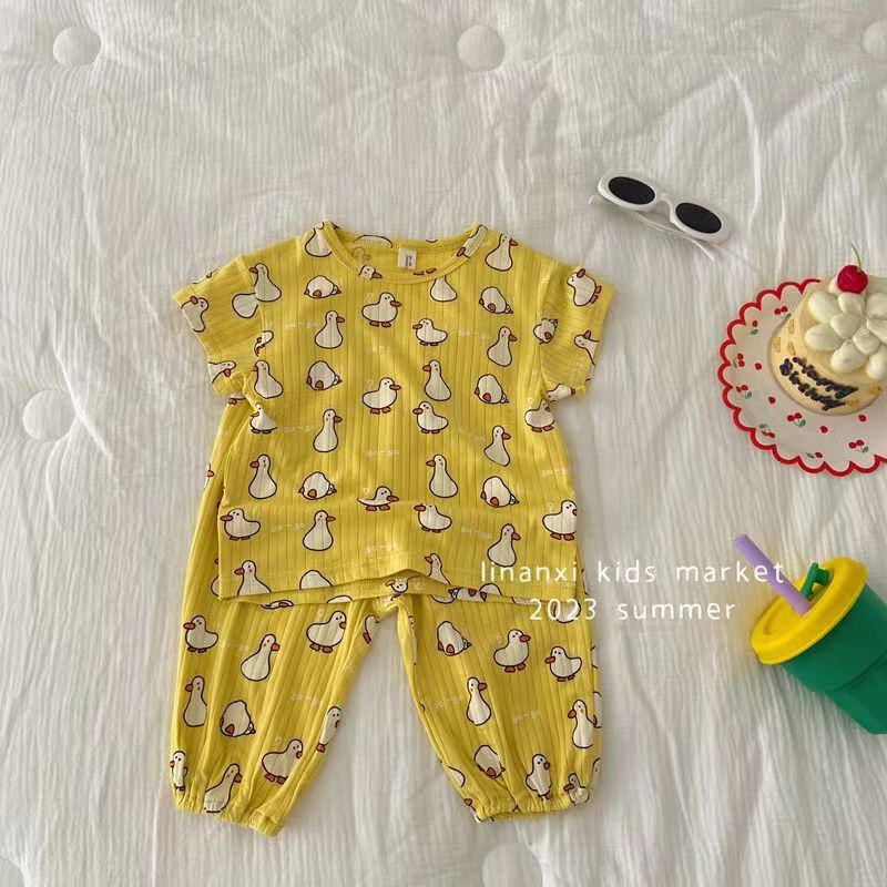 Picture of Ice silk pit 2023 summer new girls wear short sleeve suit baby summer two-piece Korean pajamas