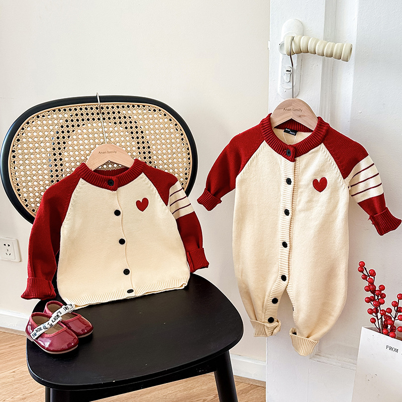 Picture of Family Dress 2025 Autumn Dress New Family of Three Contrast Color Bar Love Knitted Sweater Cardigan Jacket Family photo