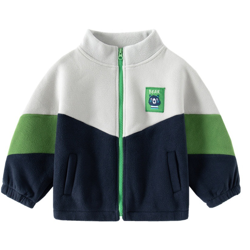 Children's Polar Fleece Tops 2024 New Autumn and Winter Children's Clothing Tops Wholesale Boys Thickened Color Block Zipper Tops Trendy