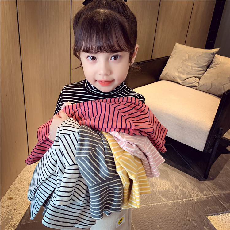 Picture of Children's Winter Girls' Base Shirt Autumn Outfit for Older Children, German Velvet Striped High-Neck Fleece Top, Children's Warm Top