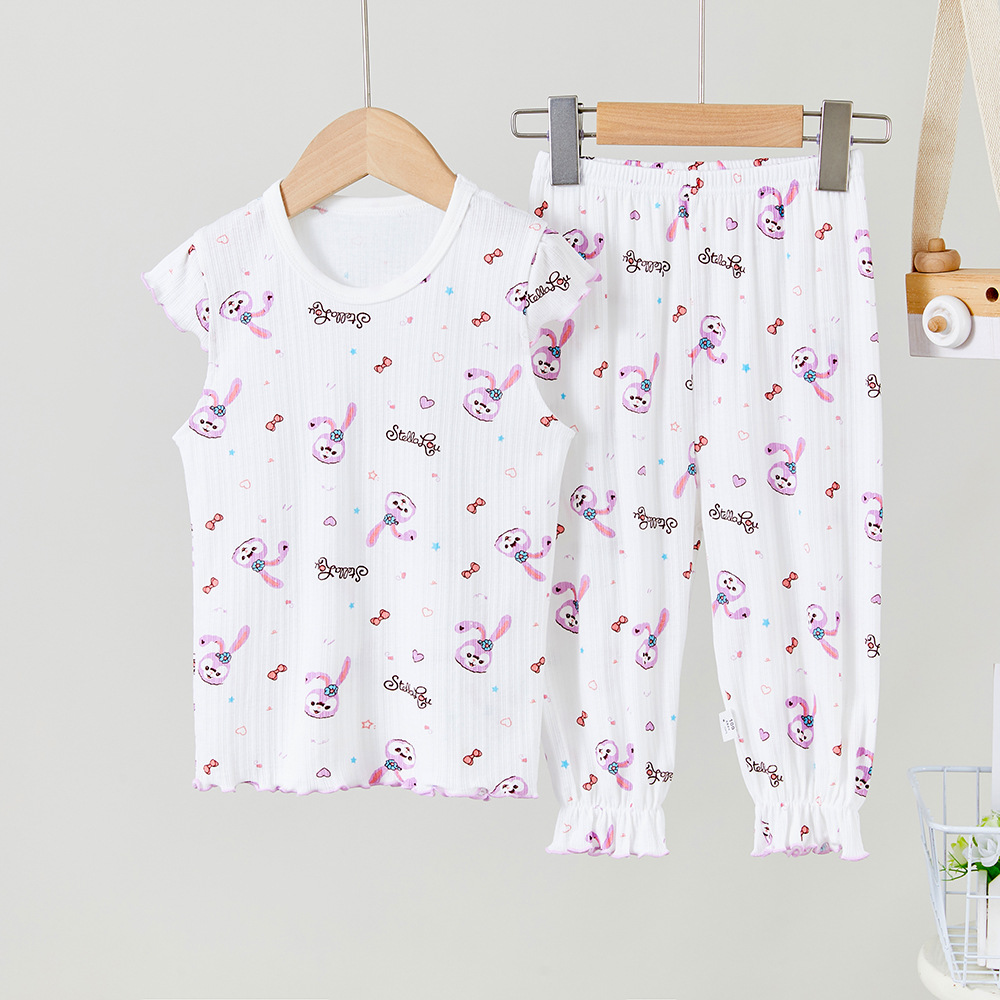 Picture of Children's short sleeve cropped pants set pure color female baby air conditioning home clothing 100 cotton thin bottoming shirt wholesale