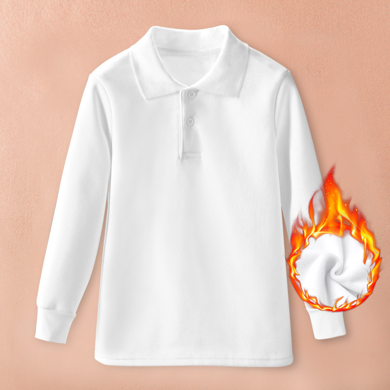 Picture of Children's White Polo Shirt Long Sleeve Lapel White T-shirt Winter Fleece-lined Thickened Warm T-shirt for Big Kids Students