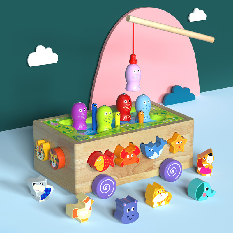 Picture of Children's educational fishing toy marine magnetic fishing bucket double-sided wooden one-year-old baby toy intelligence car
