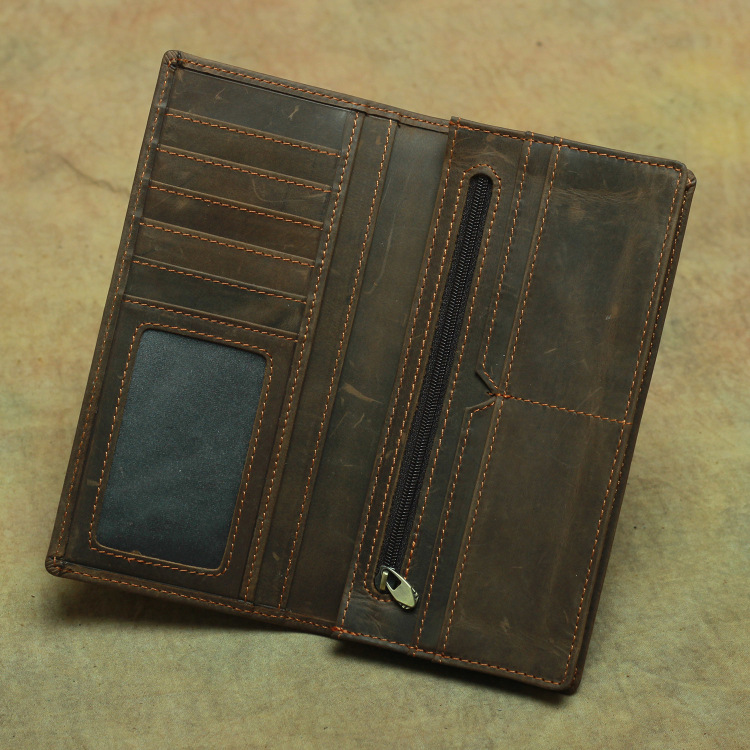 Cross-border Foreign Trade Crazy Horse Leather Men's Long Wallet Two-fold Leather Pure Top Layer Cowhide Wallet Vintage Wallet