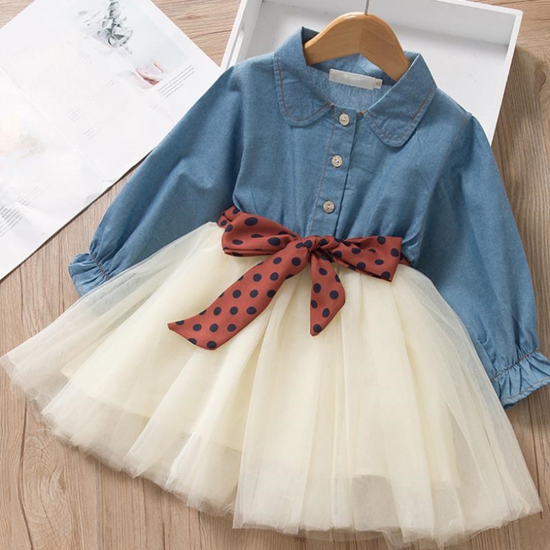 Autumn New Korean Style Girls' Dress Small and Medium-sized Children's Fashionable Long-sleeved Denim Veil Skirt for Little Girls YS2208