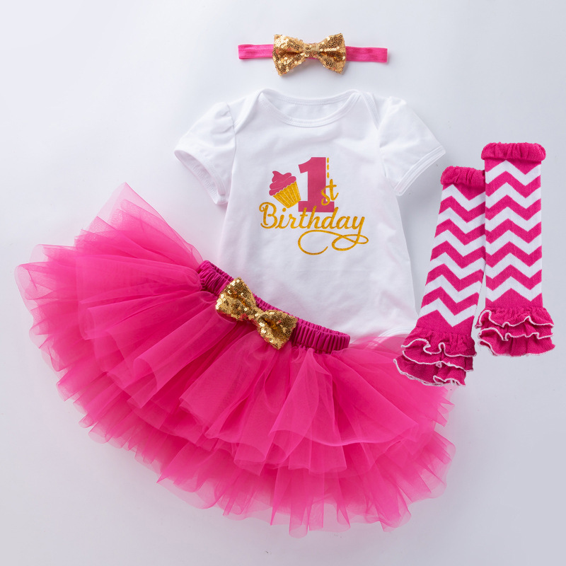 Picture of Cross-border Amazon European and American baby girls' birthday clothes 4-piece letter short-sleeved T-shirt princess dress socks suit